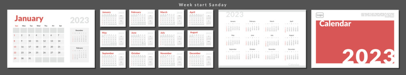 Set of 2023 Calendar Planner Template and cover with Place for Photo, Company Logo. Vector layout of a wall or desk simple calendar with week start sunday. Calendar grid in grey color for print