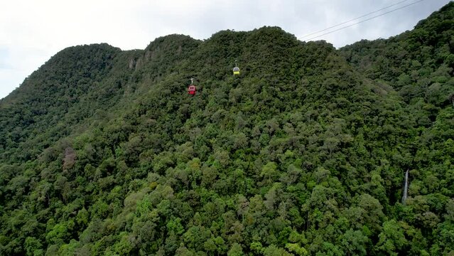 Riding A Langkawi SkyCab. Cable Car Traveling Across Dense Rainforest Of Mt. Machincang In Langkawi, Malaysia. Aerial Approach