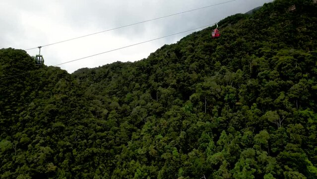 Mt. Machincang Lush Rainforest With Traveling SkyCab In Langkawi Island, Kedah Malaysia. Aerial Tracking Shot