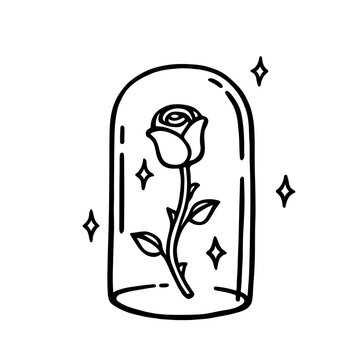 Magical forever rose tattoo design. Enchanted infinity rose doodle drawing. Cute preserved eternity flower in glass dome line art. Vector illustration.