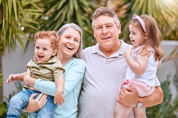 Grandparents, children and family, love and smile together in portrait, with elderly retired couple...