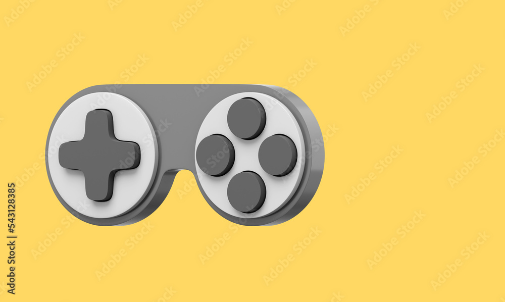 Poster minimalistic console game controller. gray icon on yellow background with space for text. 3d renderi