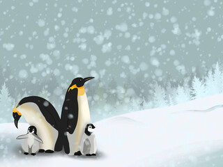 Graphic illustration of lovely family penguins in cold winter. Idea for cartoon, books, poster, children’s art, background, icon 