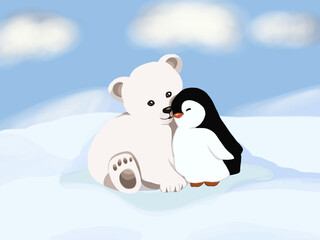 Graphic illustration of little polar white bear with penguin in Sunny winter. Idea for cartoon, children’s books, story, banner, background, print 