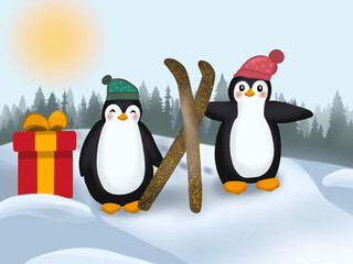 Graphic illustration of two lovely penguins in sunny winter. Idea for background, print, art, cartoon, books. 