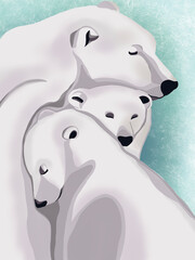 Graphic illustration of lovely colourful family polar bears in cold, frozen winter. Idea for background, icons, print, banner, children’s books, cartoon, art