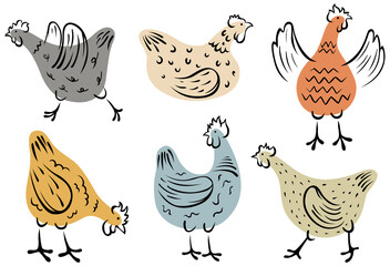 Set of hand-drawn hen. Chicken png illustration. Colorful isolated domestic birds.
