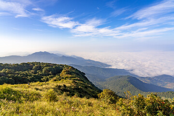 Beautiful landscape view of northern mountain ranges of Thailand seen from the top of Kew Mae Pan Nature Trail