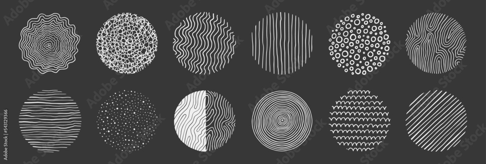 Poster abstract line pattern circle set. hand drawn texture, doodle decorative line, spiral, scribble graph