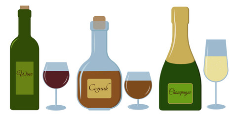 a set of alcoholic beverages a bottle and a glass of cognac champagne and wine