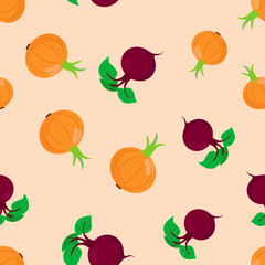 Seamless pattern vegetables onion and beet. Vegetables in cartoon background for textile, packaging and kitchen design.
