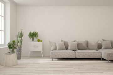 White living room with sofa. Scandinavian interior design. 3D illustration