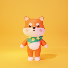 Cute adorable Shiba Inu dog with a green moon scarf pattern. animal on yellow background. 3D rendering.