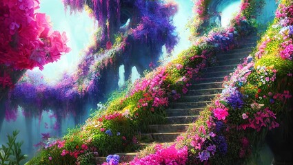 Illustration of stairs with colorful flowers in the fantasy world