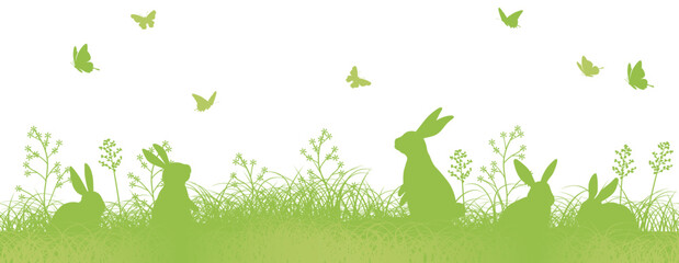 Easter Seamless Vector Background Illustration With Rabbit Silhouettes In A Grassy Field. Horizontally Repeatable.