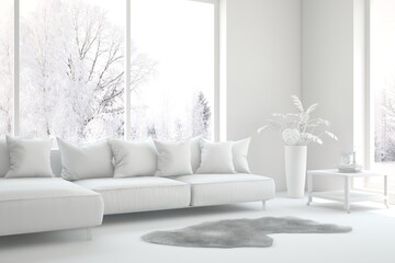 Mock up of stylish room in white color with sofa and winter landscape in window. Scandinavian interior design. 3D illustration