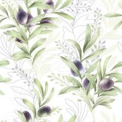 Watercolor pattern with olive branches isolated. Floral seamless pattern with branches with olives. 