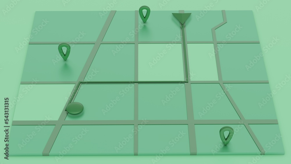 Fototapete minimal style green gps map navigator. tracking concept. arrow and markers on a map. 3d rendering