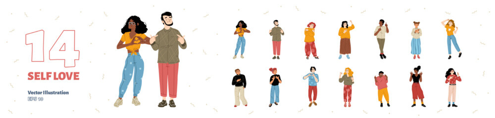 Young people showing self-love emotions, flat vector illustration set. Happy men and women making hand heart gestures, hugging and rewarding themselves, smiling. Body language of self-acceptance
