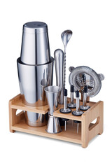Close-up shot of a bar set, including 10 accessories: a shaker, a jigger, a strainer, a muddler, 4 geysers for bottles, a bar spoon and a wooden stand. Bar accessories are on a white background.