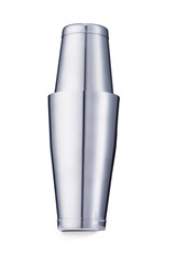 Close-up shot of a stainless steel two-piece shaker for mixing various cocktail ingredients. The cocktail shaker in two parts is isolated on a white background. Front view.