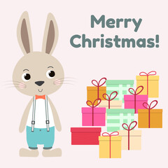 Christmas card with cute bunny in costume, gifts and text Merry Christmas! on a pink background