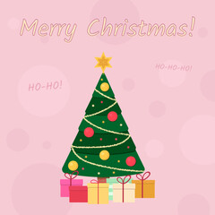 Christmas postcard with a Christmas tree, gifts and text Merry Christmas on a pink background