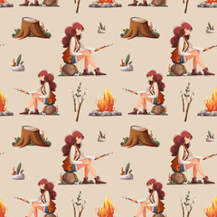 Seamless pattern with Woman sitting by campfire. Summertime camping, traveling, trip, hiking, camper, journey concept. Vector illustration. Perfect for product design, wallpaper, wrapping paper.