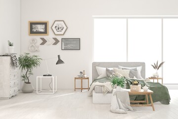 Soft color bedroom interior. Scandinavian design. 3D illustration