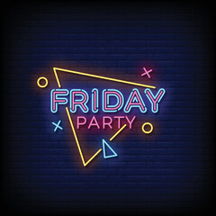 Neon Sign friday party with brick wall background vector