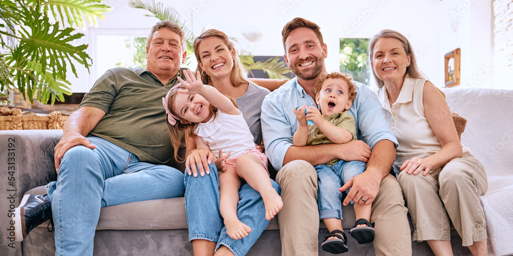 Wall mural Happy family with kids, parents and grandparents on sofa with smile in living room. Happiness, family and generations of men, women and children spending time in home together making happy memories.