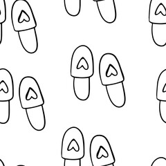 Seamless pattern Homemade doodle slippers with a heart on a transparent background. Vector illustration