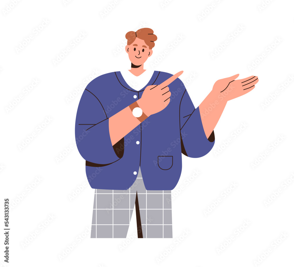 Poster happy man gesturing with hand, presenting, showing smth. smiling person advertising, pointing with f