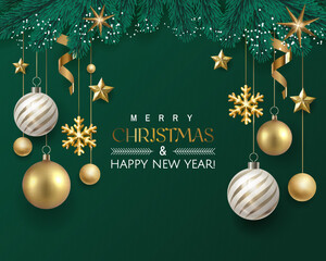 Green Christmas illustration greeting card design with Christmas trees and stars and gold and silver Christmas balls. Merry Christmas written in gold.