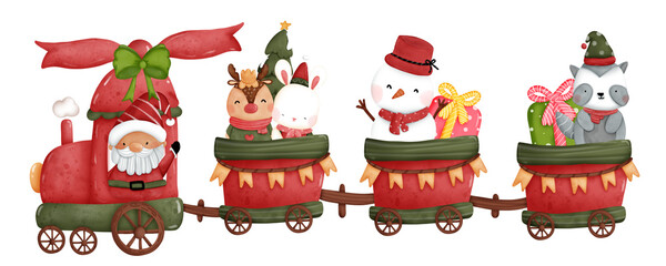 Christmas train snow man and santa clipart watercolor.happy new year card and fun celebrate.