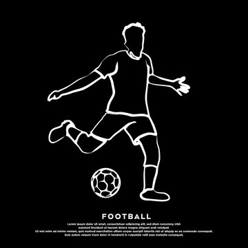 Vector white line art of soccer player kicking a free ball isolated on black background