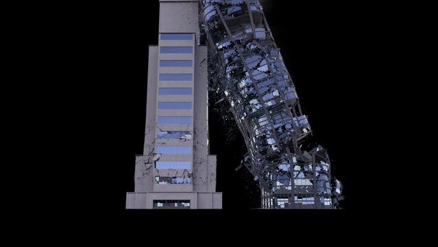 Realistically modeled(with inner and outer walls, concrete parts, columns, floor levels and bricks) building collapsing with dust and debris 4K drag and drop editing software supporting blending modes