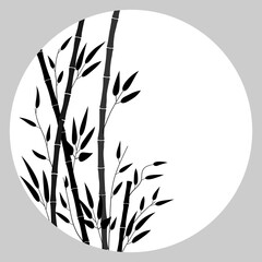 Round frame with bamboo trees. Background template with bamboo stems, leaves, space for text. Banner, sticker, postcard with natural theme. Minimalistic flat design. Monochrome colors. Vector