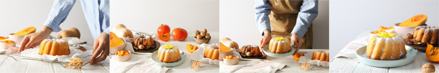 Obraz na płótnie Canvas Collage of photos for Autumn season food concept, pumpkin cake