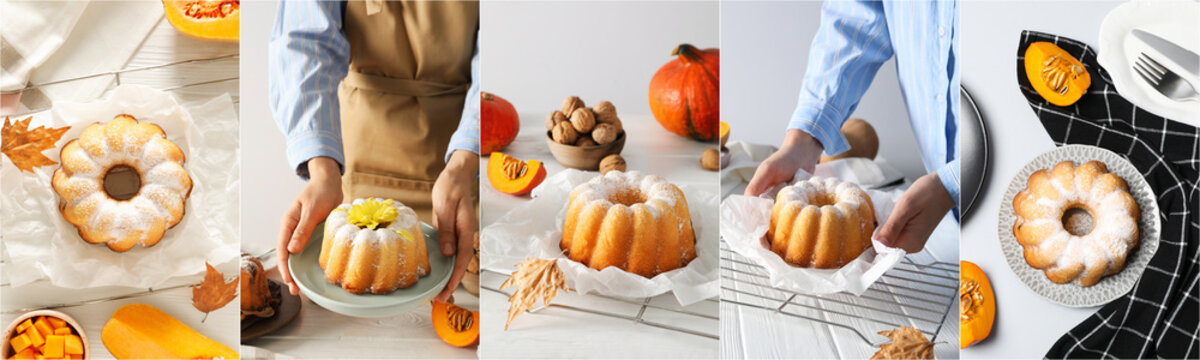 Collage of photos for Autumn season food concept, pumpkin cake