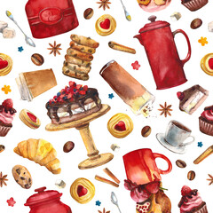 Seamless pattern. Coffee,drinks, cocktails, dishes, desserts.