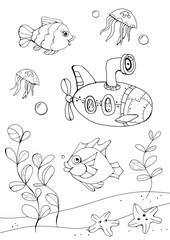 Contour coloring for children. A submarine among marine life.