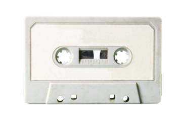 An isolated old vintage cassette tape from the 1980s (obsolete music technology). Dirty white label, light gray plastic body.
