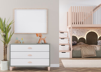 Empty horizontal picture frame on beige wall in modern child room. Mock up interior in contemporary, scandinavian style. Free, copy space for picture. Bed, toys. Cozy room for kids. 3D rendering.