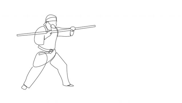 Self drawing animation of martial arts kung fu composition with oriental battle with sticks. Continuous line drawing.