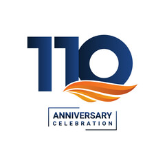 Anniversary celebration decoration. Blue number 110 with orange wings on a white background. Vector illustration EPS10