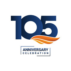 Anniversary celebration decoration. Blue number 105 with orange wings on a white background. Vector illustration EPS10 - obrazy, fototapety, plakaty