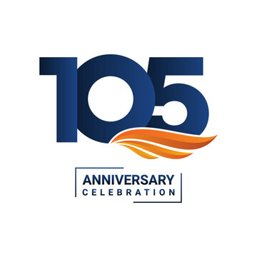 Anniversary celebration decoration. Blue number 105 with orange wings on a white background. Vector illustration EPS10