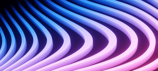 Neon pink and blue abstract flowing bands, virtual background, digital technology, science or data concept, futuristic retro wave visualization 3D render illustration