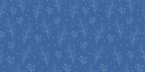 Seamless winter linear pattern with leaves and flowers. One line art drawing. Christmas design for greeting cards, wrapping paper, wallpaper, fabric prints. Merry Christmas, Happy New Year. 